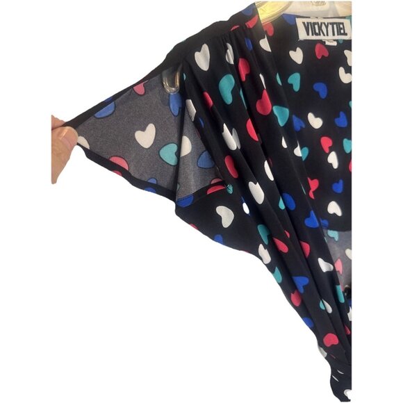 Vicky Tiel Women's Colorful Heart Split Flutter Sleeve Wrap Midi Dress Sz S - Picture 4 of 8